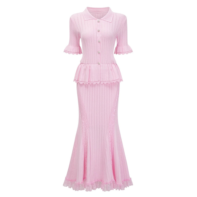 Jocasta Pink Stretch Lace Knit Midi Dress
