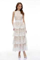Jocaste White Halterneck Lace Maxi Dress