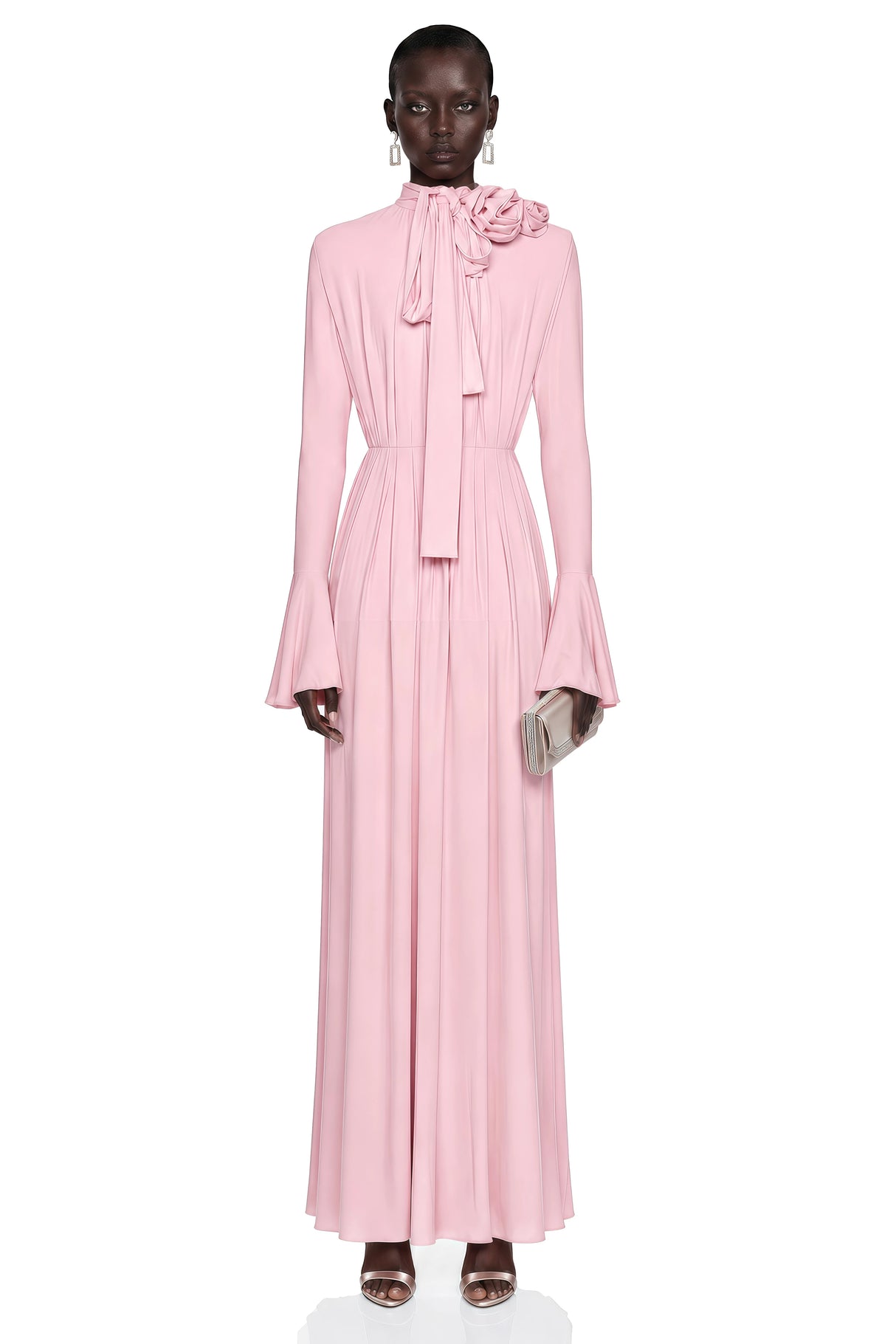 Jocelinda Pink Ruched Maxi Dress with 3D Florals