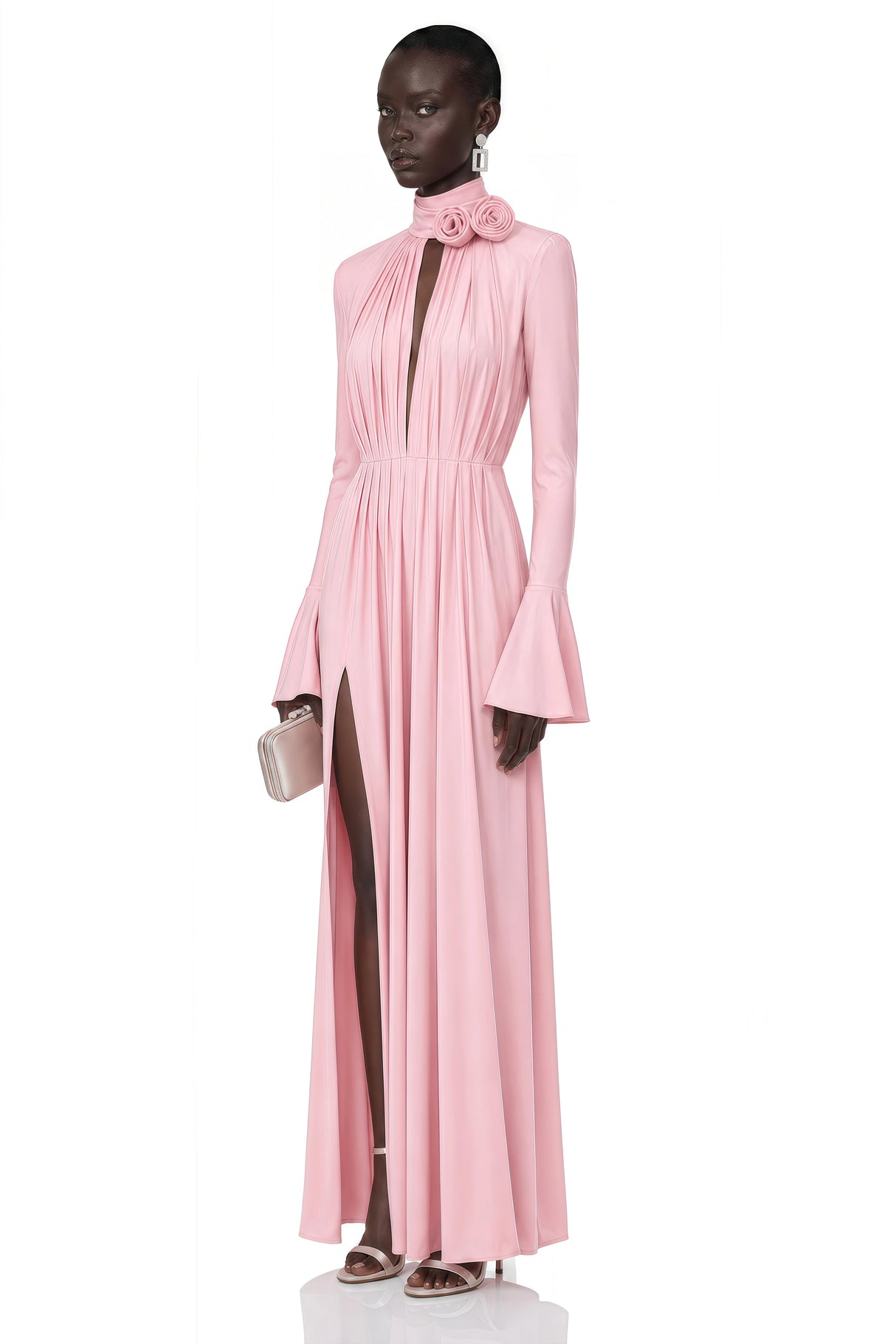 Jocelinda Pink Ruched Maxi Dress with 3D Florals