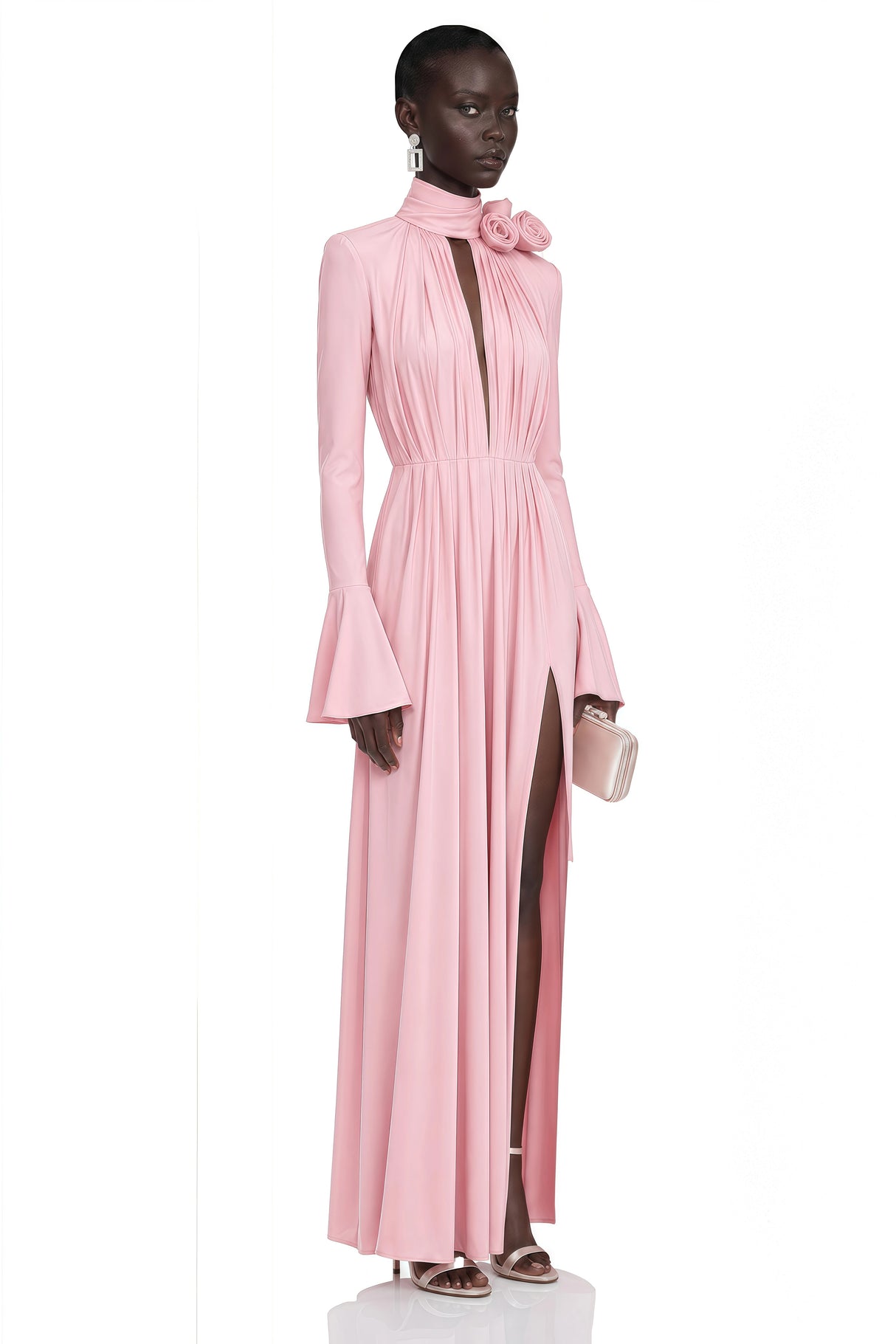 Jocelinda Pink Ruched Maxi Dress with 3D Florals