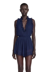 Jocelyn Navy Blue VNeck Lace Mini Dress with Ruffled Trim