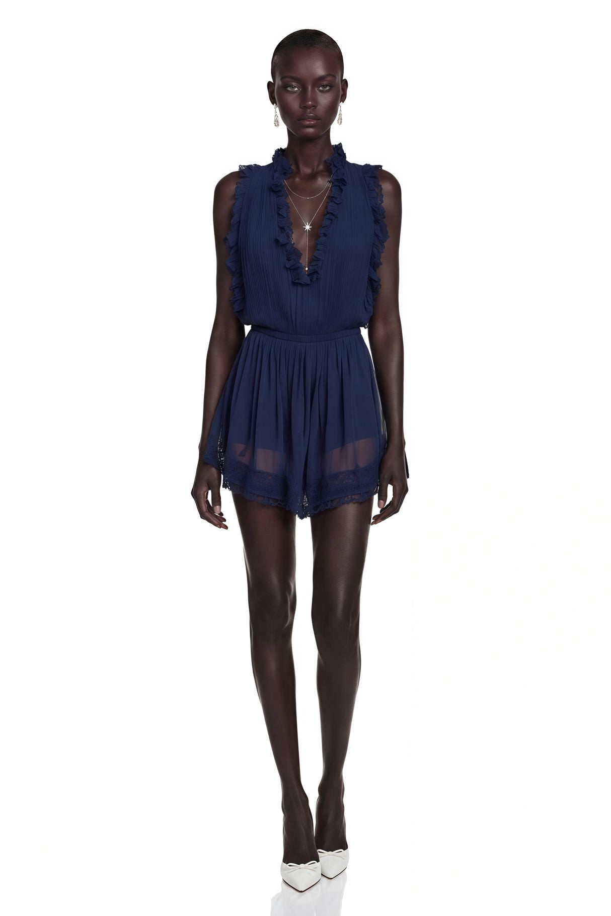 Jocelyn Navy Blue VNeck Lace Mini Dress with Ruffled Trim