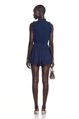 Jocelyn Navy Blue VNeck Lace Mini Dress with Ruffled Trim