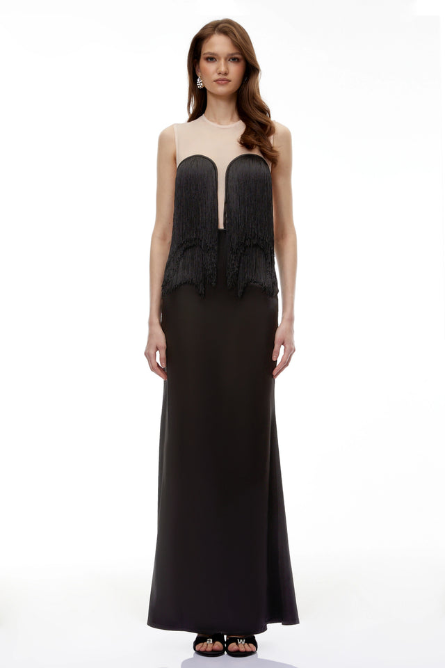 Jochebed Black SemiSheer Maxi Dress with Tassels
