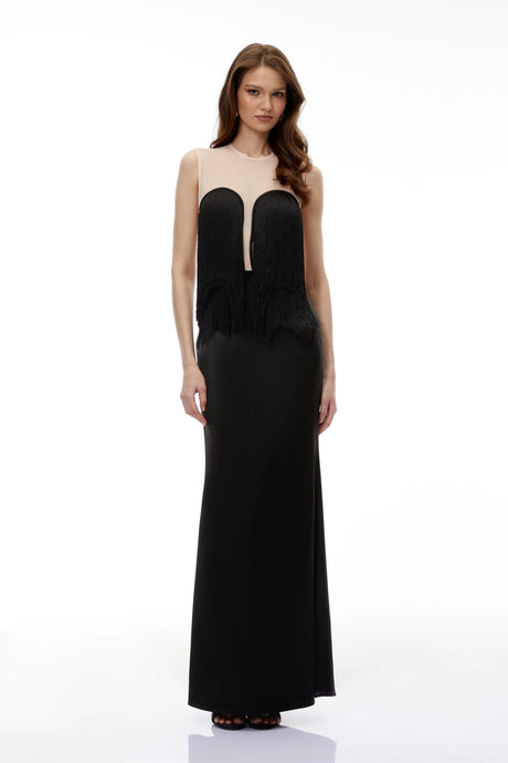 Ashley Maxi Dress Black Semi-Sheer with Tassels