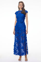 Jochebed Blue Floral Appliqué Maxi Dress with CutOuts