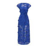 Jochebed Blue Floral Appliqué Maxi Dress with CutOuts