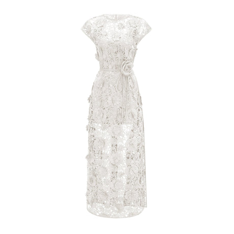 Eleanor Maxi Dress White Floral Appliqué witn Cut-Outs
