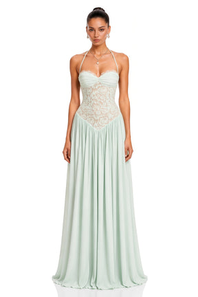 Joelle Mint Green Halterneck Lace Corset Maxi Dress