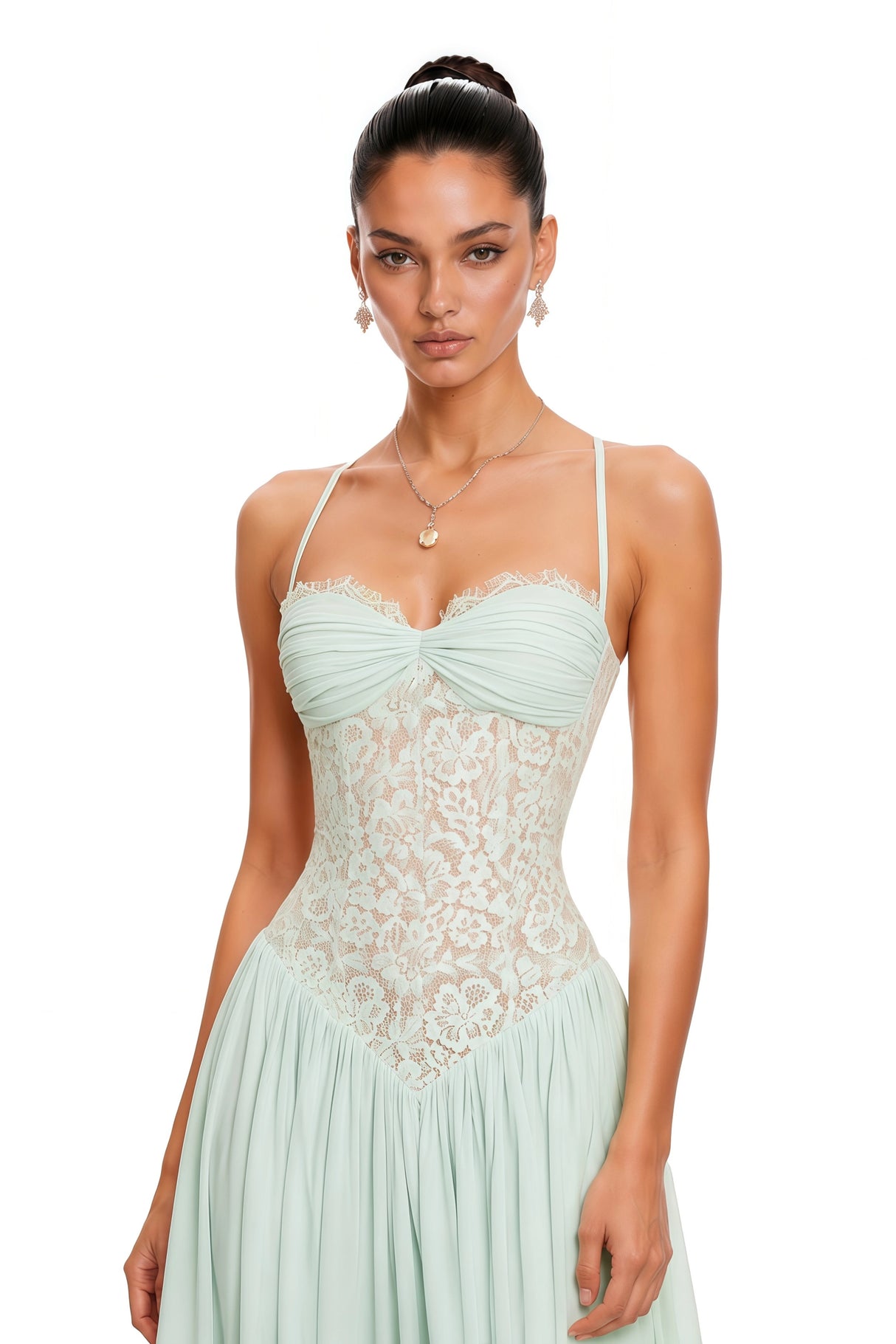 Joelle Mint Green Halterneck Lace Corset Maxi Dress