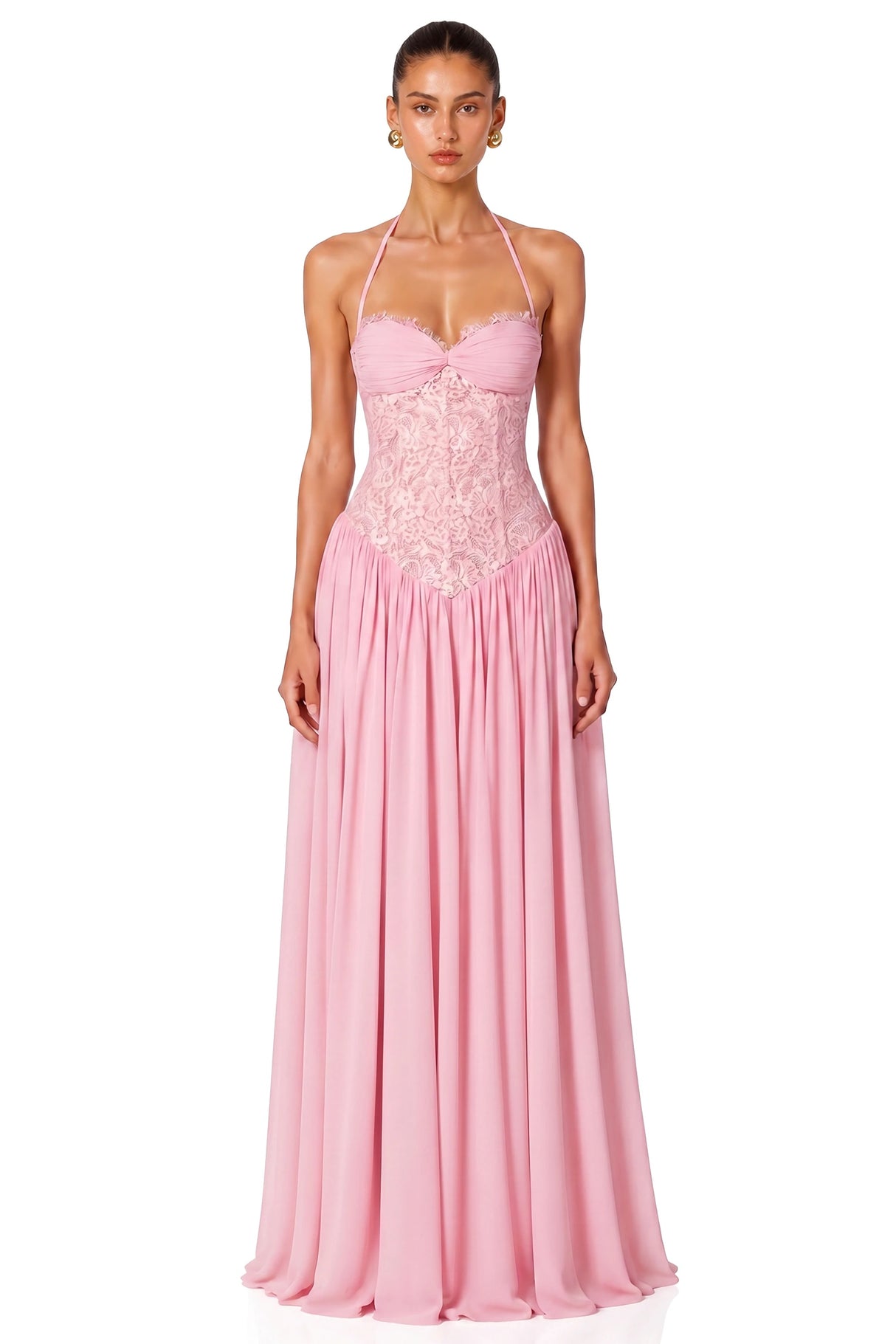 Joelle Pink Halterneck Lace Corset Maxi Dress