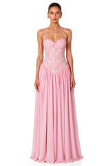 Joelle Pink Halterneck Lace Corset Maxi Dress
