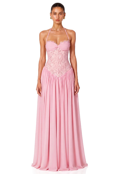 Joelle Pink Halterneck Lace Corset Maxi Dress