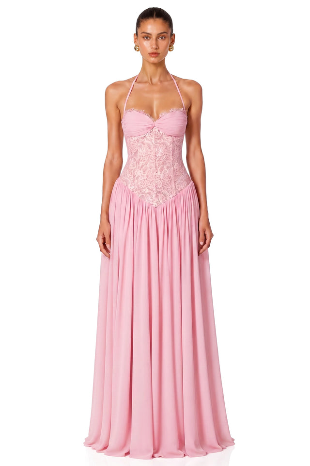 Joelle Pink Halterneck Lace Corset Maxi Dress
