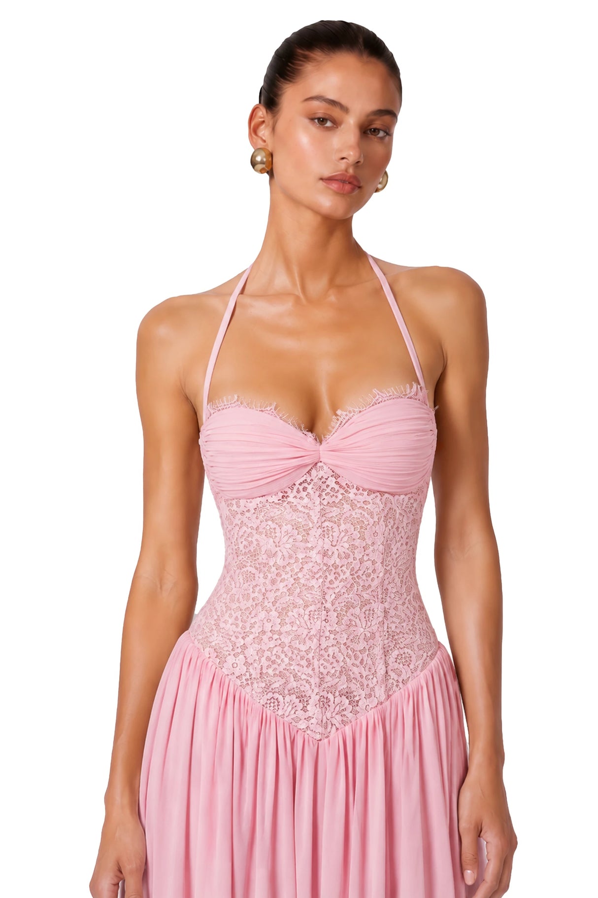 Joelle Pink Halterneck Lace Corset Maxi Dress