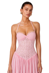 Joelle Pink Halterneck Lace Corset Maxi Dress