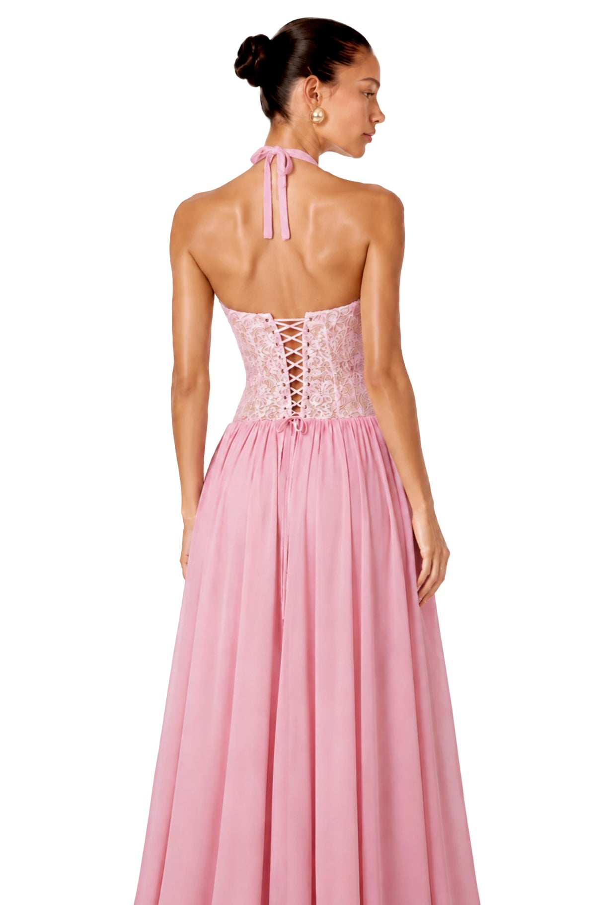 Joelle Pink Halterneck Lace Corset Maxi Dress