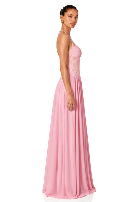 Joelle Pink Halterneck Lace Corset Maxi Dress