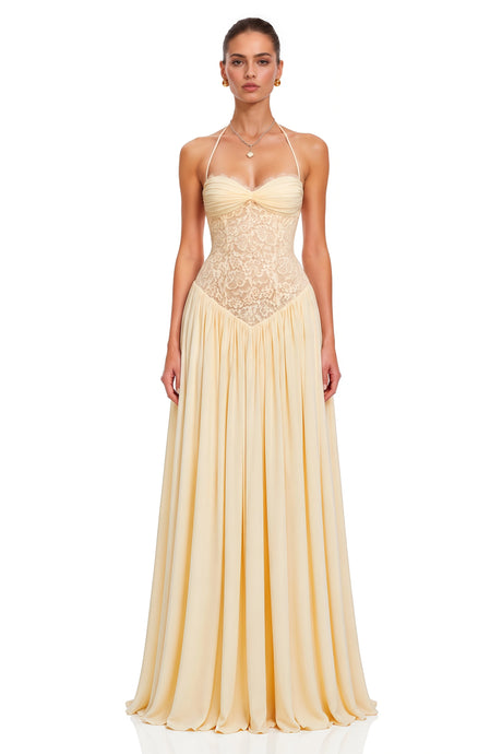 Joelle Yellow Halterneck Lace Corset Maxi Dress