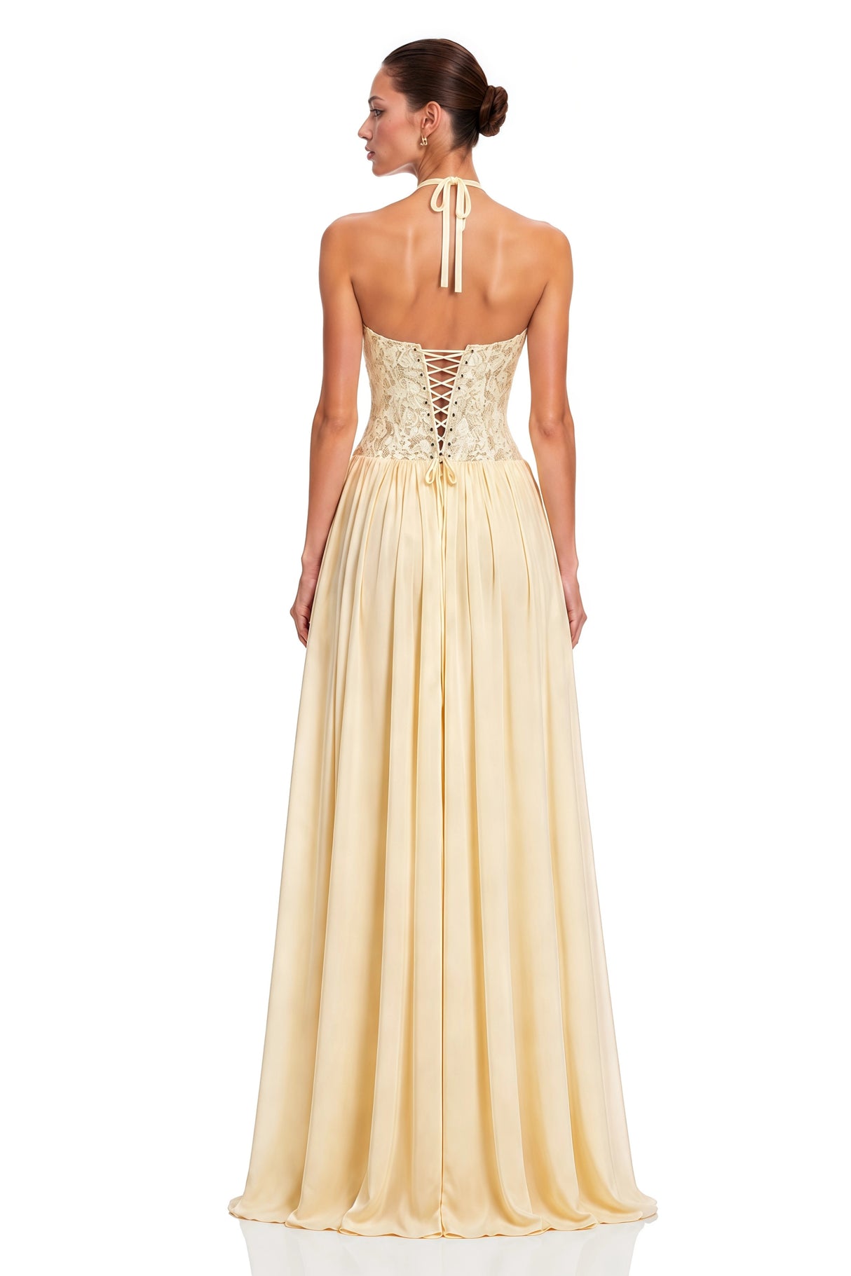 Joelle Yellow Halterneck Lace Corset Maxi Dress