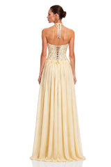 Joelle Yellow Halterneck Lace Corset Maxi Dress
