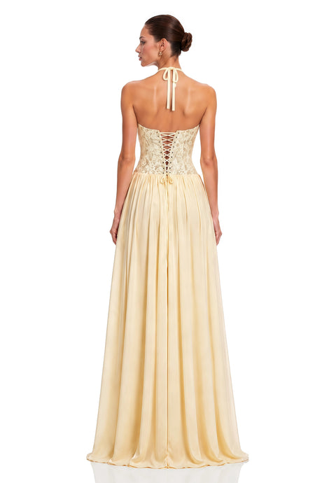 Joelle Yellow Halterneck Lace Corset Maxi Dress