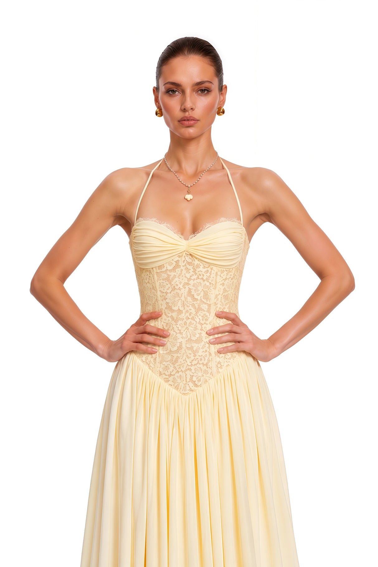 Joelle Yellow Halterneck Lace Corset Maxi Dress