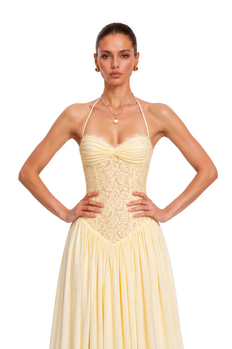 Joelle Yellow Halterneck Lace Corset Maxi Dress