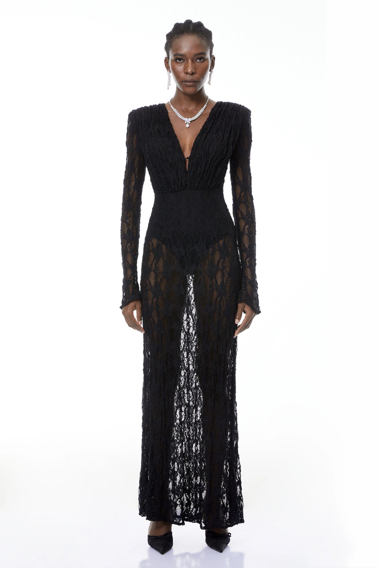 Johanna Black SemiSheer Lace Maxi Dress