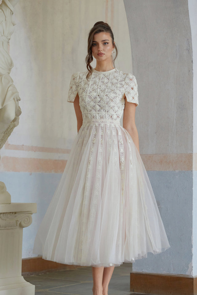 Jorunn White Braided Floral Crochet Midi Dress