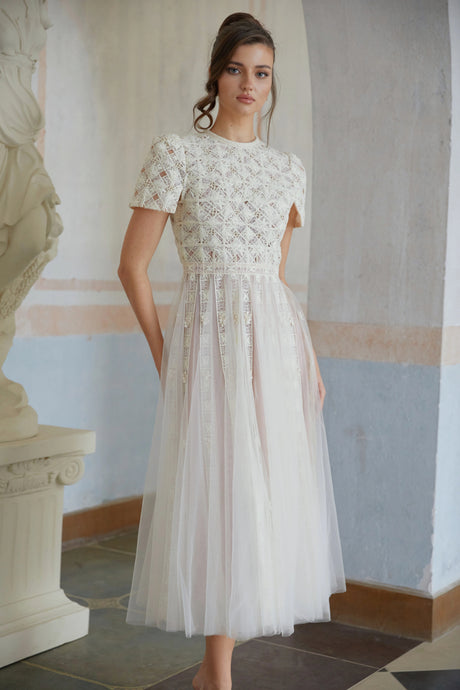Jorunn White Braided Floral Crochet Midi Dress