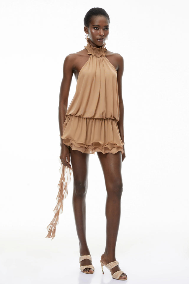 Josephine Khaki Halterneck Ruffled Mini Dress