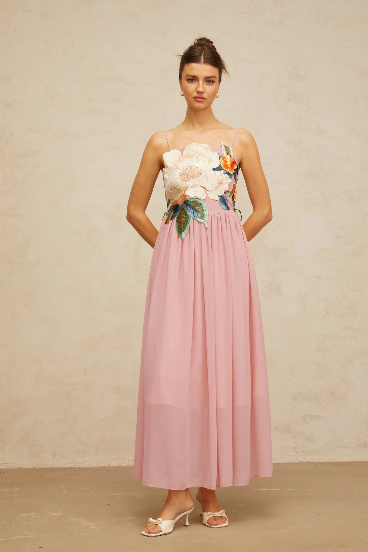 Josette floralembroidered shirred maxi dress in Pink