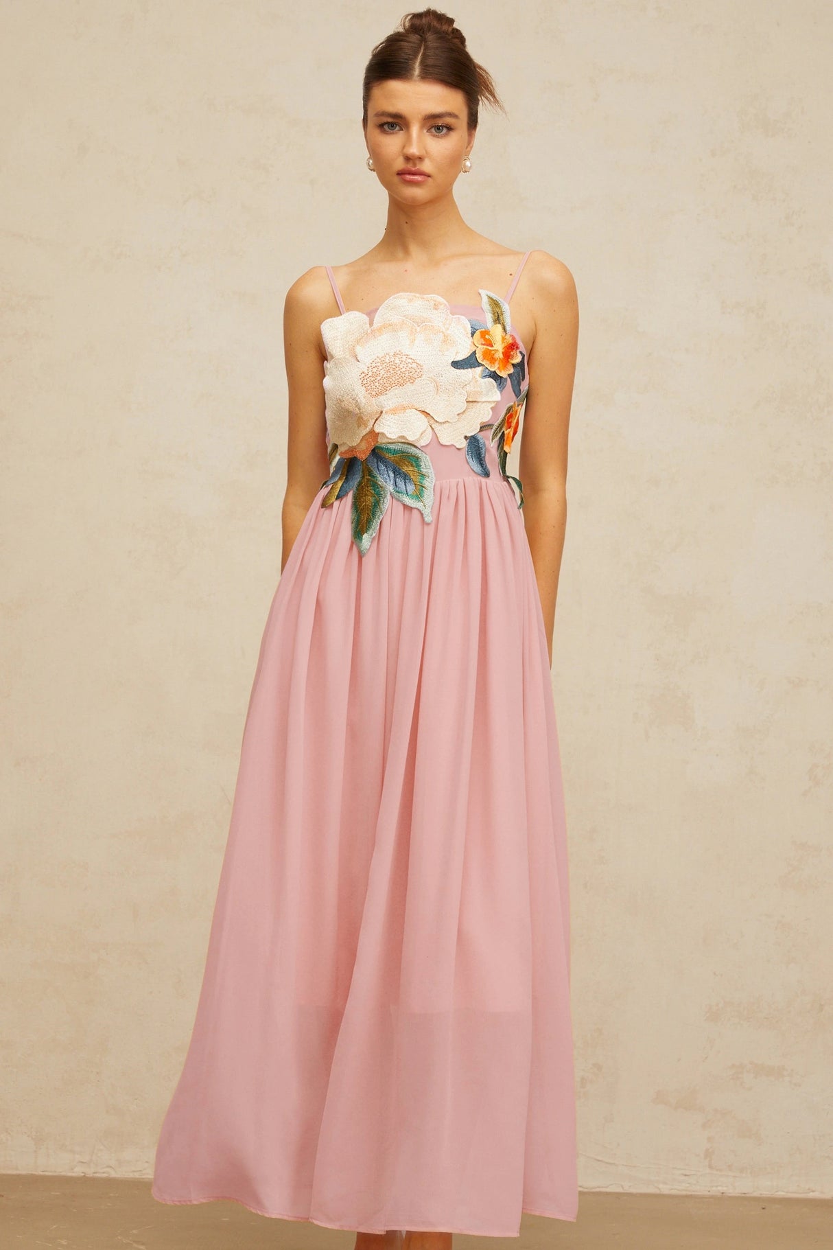Josette floralembroidered shirred maxi dress in Pink