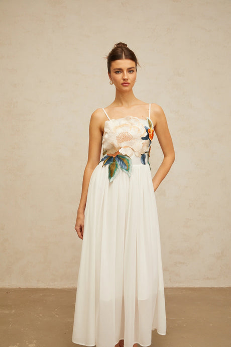 Josette floralembroidered shirred maxi dress in White