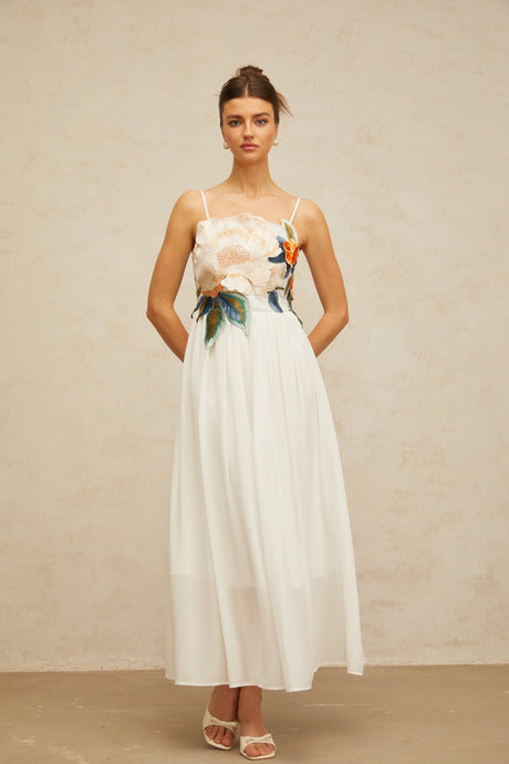 Josette floralembroidered shirred maxi dress in White
