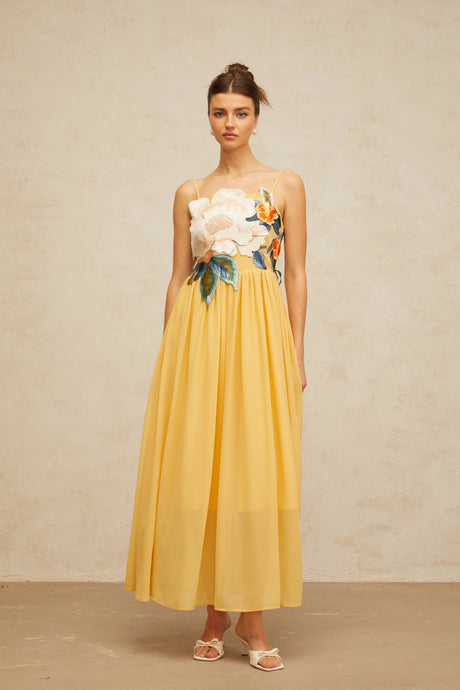 Josette floralembroidered shirred maxi dress in Yellow