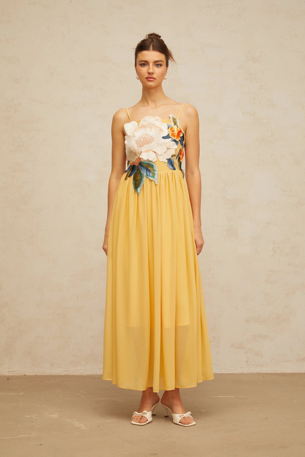 Josette floralembroidered shirred maxi dress in Yellow