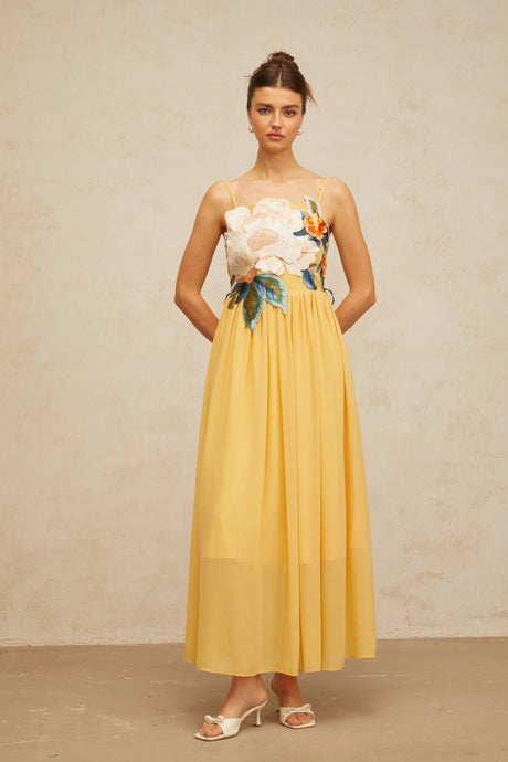 Josette floralembroidered shirred maxi dress in Yellow