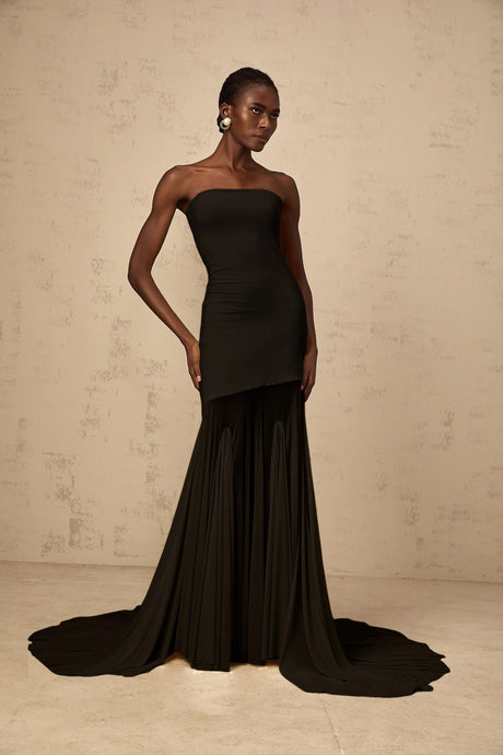 Josiane Black Offshoulder Sheer Tulle Maxi Dress