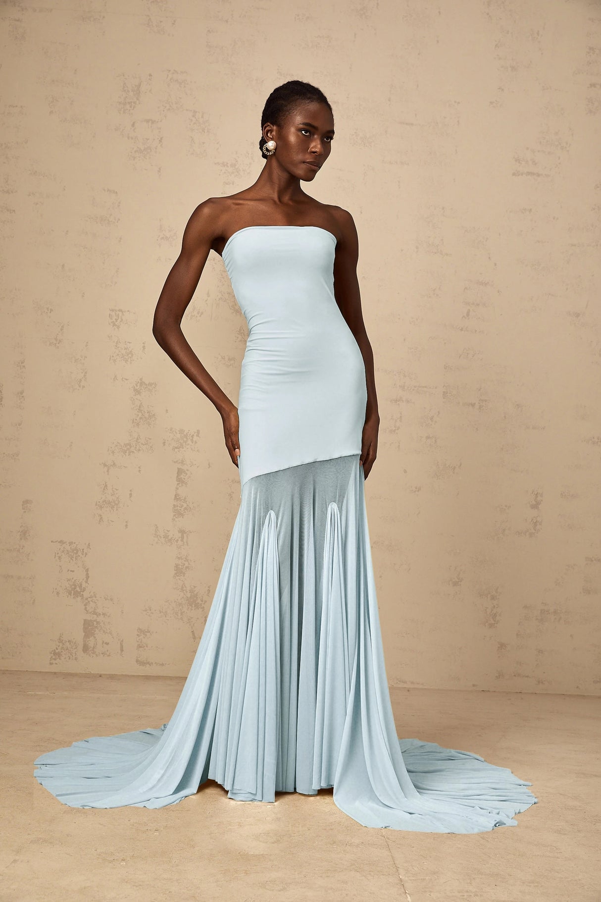 Josiane Blue Offshoulder Sheer Tulle Maxi Dress