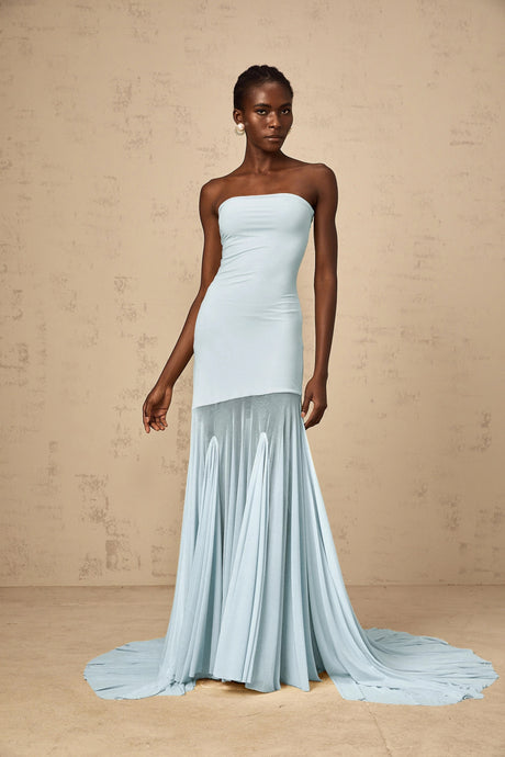 Josiane Blue Offshoulder Sheer Tulle Maxi Dress