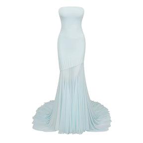 Josiane Blue Offshoulder Sheer Tulle Maxi Dress