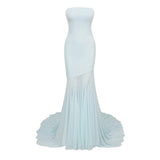 Josiane Blue Offshoulder Sheer Tulle Maxi Dress