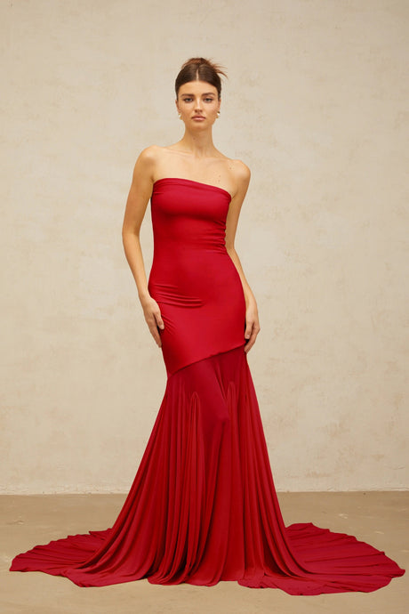 Josiane red offshoulder sheer tulle maxi dress