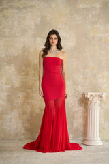 Josiane Red Offshoulder Sheer Tulle Maxi Dress