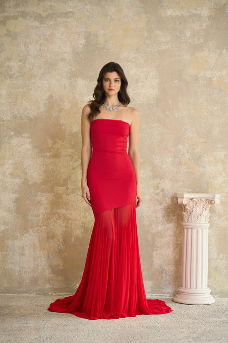 Josiane Red Offshoulder Sheer Tulle Maxi Dress