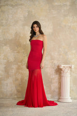 Josiane Red Offshoulder Sheer Tulle Maxi Dress