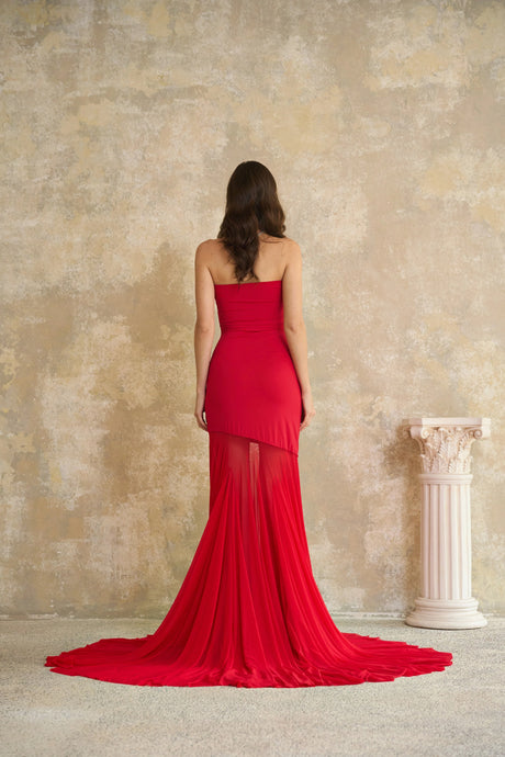 Josiane Red Offshoulder Sheer Tulle Maxi Dress